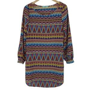 Karlie colorful scoop neck LS boho dress, M